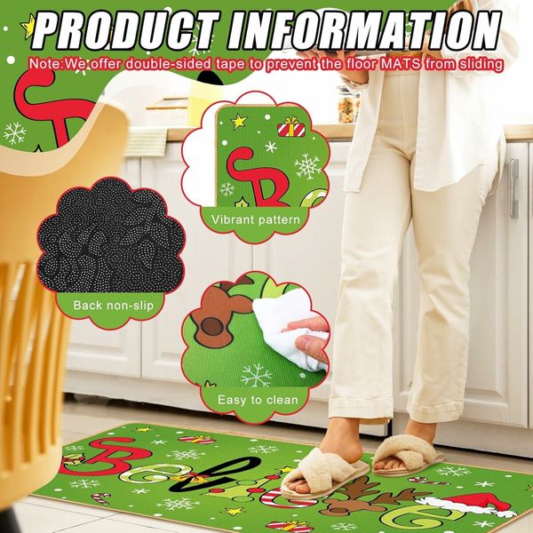 Christmas Kitchen Floor Rugs Kitchen Mat Set of 2, Merry Christmas Green Kitchen Decorations Indoor, Non Slip Soft Washable Mats (40*60+40*120cm)