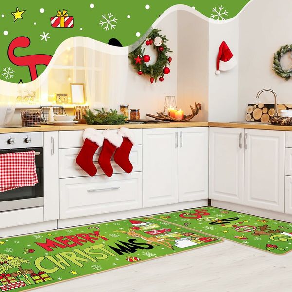 Christmas Kitchen Floor Rugs Kitchen Mat Set of 2, Merry Christmas Green Kitchen Decorations Indoor, Non Slip Soft Washable Mats (40*60+40*120cm)