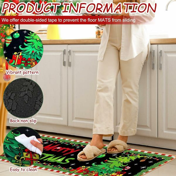 Christmas Kitchen Floor Rugs Kitchen Mat Set of 2, Merry Christmas Green Kitchen Decorations Indoor, Non Slip Soft Washable Mats (40*60+40*120cm)