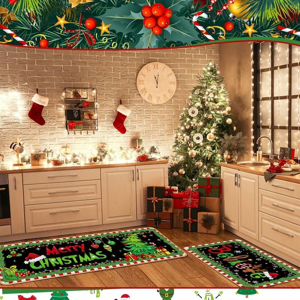 Christmas Kitchen Floor Rugs Kitchen Mat Set of 2, Merry Christmas Green Kitchen Decorations Indoor, Non Slip Soft Washable Mats (40*60+40*120cm)