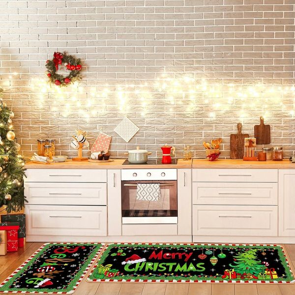 Christmas Kitchen Floor Rugs Kitchen Mat Set of 2, Merry Christmas Green Kitchen Decorations Indoor, Non Slip Soft Washable Mats (40*60+40*120cm)