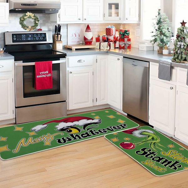 Christmas Kitchen Floor Rugs Kitchen Mat Set of 2, Merry Christmas Green Kitchen Decorations Indoor, Non Slip Soft Washable Mats (40*60+40*120cm)