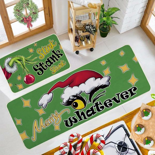 Christmas Kitchen Floor Rugs Kitchen Mat Set of 2, Merry Christmas Green Kitchen Decorations Indoor, Non Slip Soft Washable Mats (40*60+40*120cm)