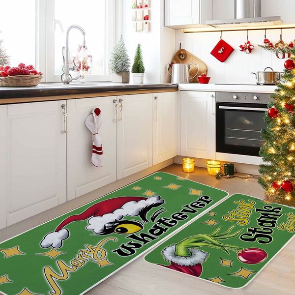 Christmas Kitchen Floor Rugs Kitchen Mat Set of 2, Merry Christmas Green Kitchen Decorations Indoor, Non Slip Soft Washable Mats (40*60+40*120cm)