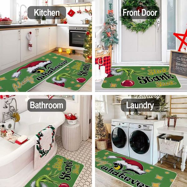 Christmas Kitchen Floor Rugs Kitchen Mat Set of 2, Merry Christmas Green Kitchen Decorations Indoor, Non Slip Soft Washable Mats (40*60+40*120cm)