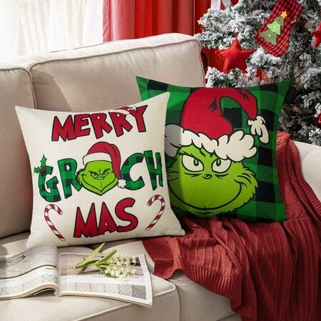 Set of 4 Christmas Decorative Throw Pillow Covers Merry Grinchmas Ho Ho Stripe Christmas Decorative Cushion Case for Home Decor 18 x 18 Inches