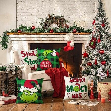 Set of 4 Christmas Decorative Throw Pillow Covers Merry Grinchmas Ho Ho Stripe Christmas Decorative Cushion Case for Home Decor 18 x 18 Inches