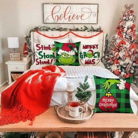 Set of 4 Christmas Decorative Throw Pillow Covers Merry Grinchmas Ho Ho Stripe Christmas Decorative Cushion Case for Home Decor 18 x 18 Inches