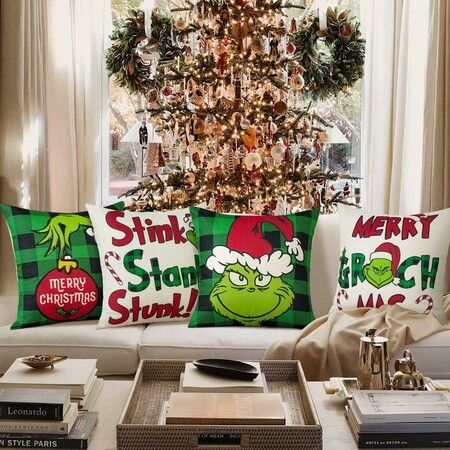 Set of 4 Christmas Decorative Throw Pillow Covers Merry Grinchmas Ho Ho Stripe Christmas Decorative Cushion Case for Home Decor 18 x 18 Inches