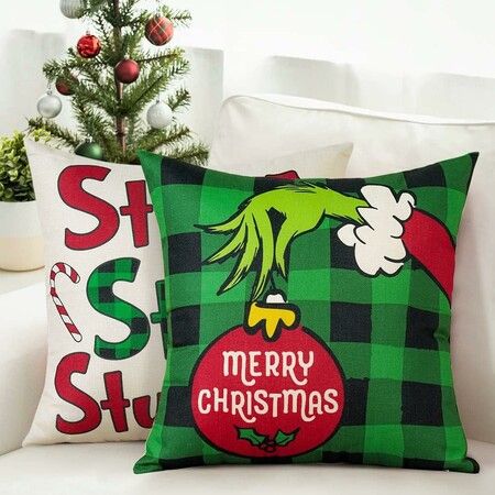 Set of 4 Christmas Decorative Throw Pillow Covers Merry Grinchmas Ho Ho Stripe Christmas Decorative Cushion Case for Home Decor 18 x 18 Inches