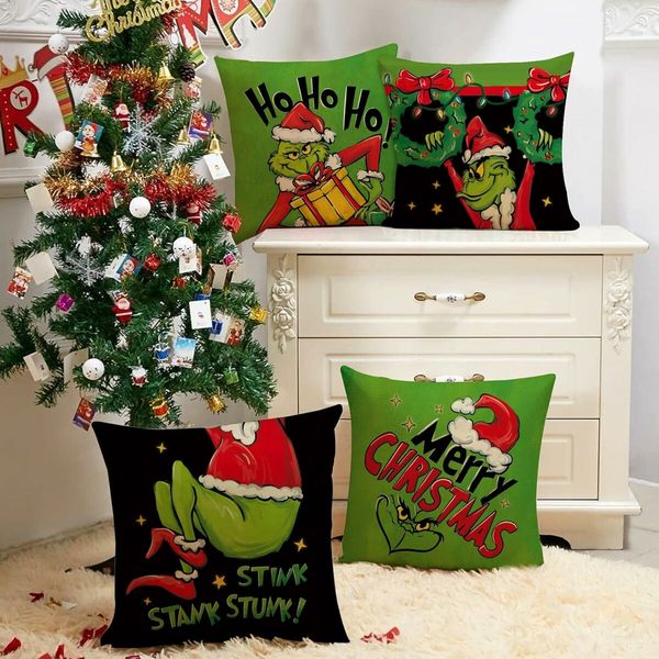 Merry Christmas Decorative Throw Pillow Covers 18x18Inch Set of 4, Hohoho Xmas Gift Wreath Santa Hat Green Black Porch Outdoor Home Decor