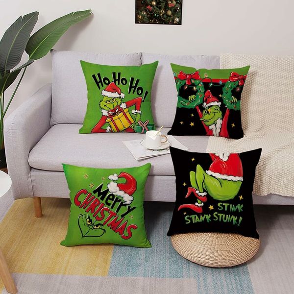 Merry Christmas Decorative Throw Pillow Covers 18x18Inch Set of 4, Hohoho Xmas Gift Wreath Santa Hat Green Black Porch Outdoor Home Decor