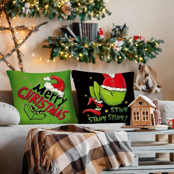 Merry Christmas Decorative Throw Pillow Covers 18x18Inch Set of 4, Hohoho Xmas Gift Wreath Santa Hat Green Black Porch Outdoor Home Decor