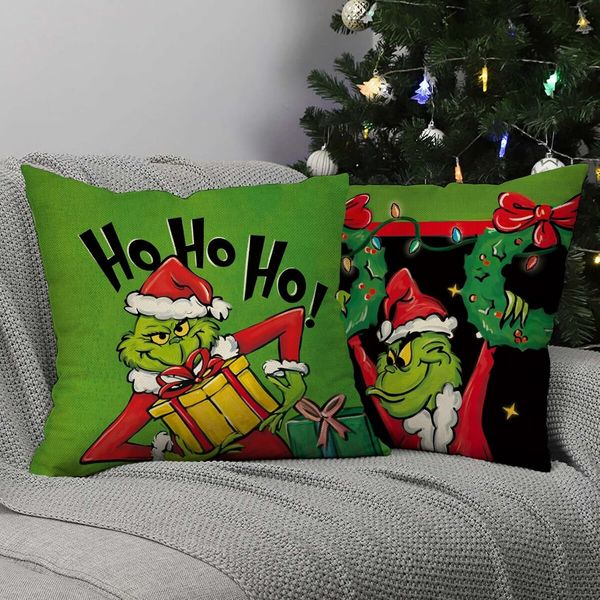 Merry Christmas Decorative Throw Pillow Covers 18x18Inch Set of 4, Hohoho Xmas Gift Wreath Santa Hat Green Black Porch Outdoor Home Decor