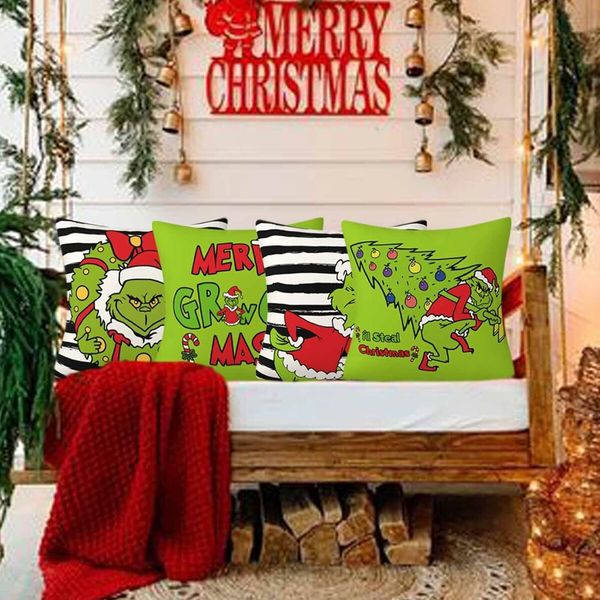 Set of 4 Christmas Decorative Throw Pillow Covers Merry Grinchmas Ho Ho Stripe Christmas Decorative Cushion Case for Home Decor 18 x 18 Inches