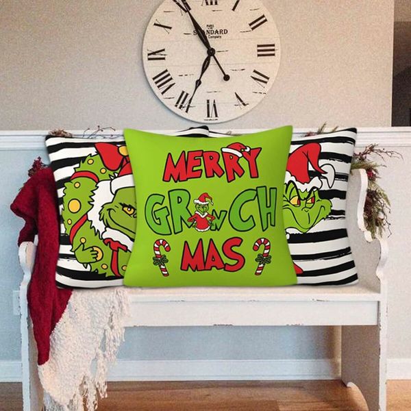 Set of 4 Christmas Decorative Throw Pillow Covers Merry Grinchmas Ho Ho Stripe Christmas Decorative Cushion Case for Home Decor 18 x 18 Inches