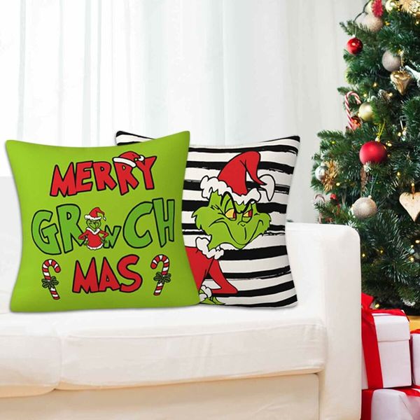 Set of 4 Christmas Decorative Throw Pillow Covers Merry Grinchmas Ho Ho Stripe Christmas Decorative Cushion Case for Home Decor 18 x 18 Inches