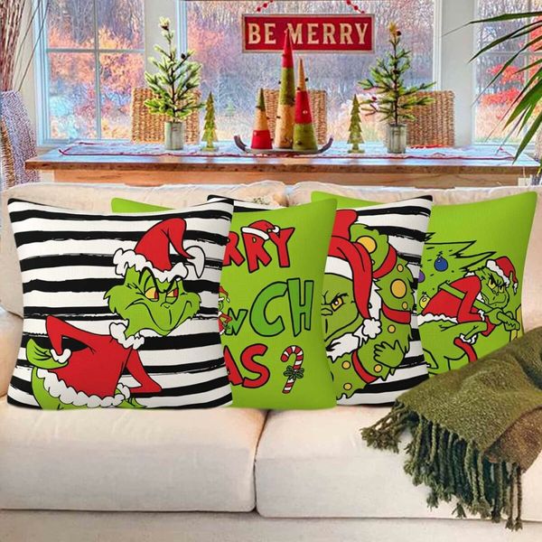 Set of 4 Christmas Decorative Throw Pillow Covers Merry Grinchmas Ho Ho Stripe Christmas Decorative Cushion Case for Home Decor 18 x 18 Inches