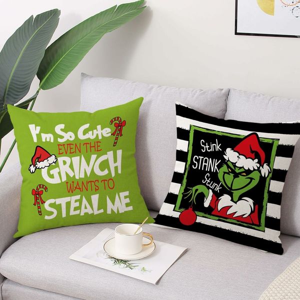 Set of 4 Christmas Decorative Throw Pillow Covers Merry Grinchmas Ho Ho Stripe Christmas Decorative Cushion Case for Home Decor 18 x 18 Inches