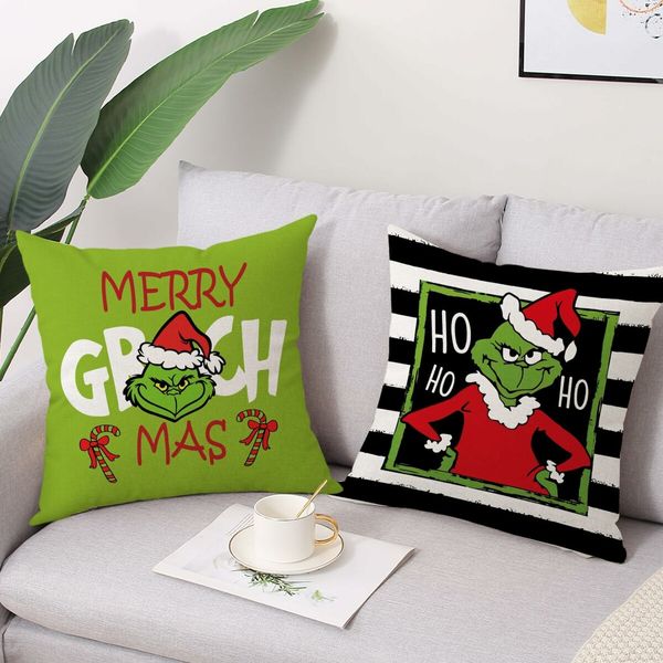 Set of 4 Christmas Decorative Throw Pillow Covers Merry Grinchmas Ho Ho Stripe Christmas Decorative Cushion Case for Home Decor 18 x 18 Inches