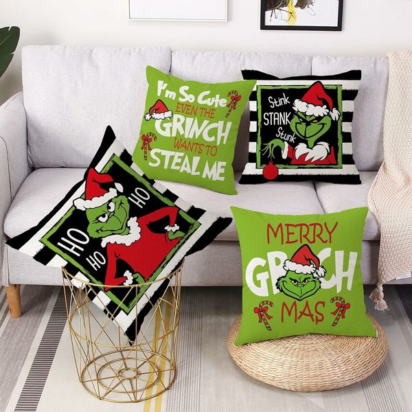 Set of 4 Christmas Decorative Throw Pillow Covers Merry Grinchmas Ho Ho Stripe Christmas Decorative Cushion Case for Home Decor 18 x 18 Inches