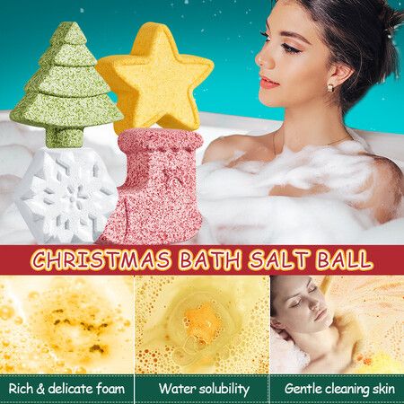 Bubbly Organic Bath Bombs Gift Set of 4  Christmas Tree Ginger bread Bath Salt Balls  Skin Cleansing Softening Christmas Birthday Gifts