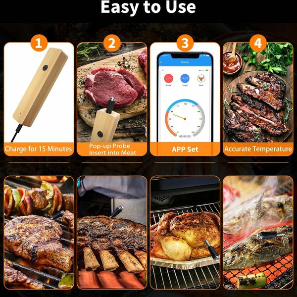 Wireless Meat Thermometer 2 Probes, 500FT Long Wireless Range Thin Probes APP Control Bluetooth Meat Thermometer