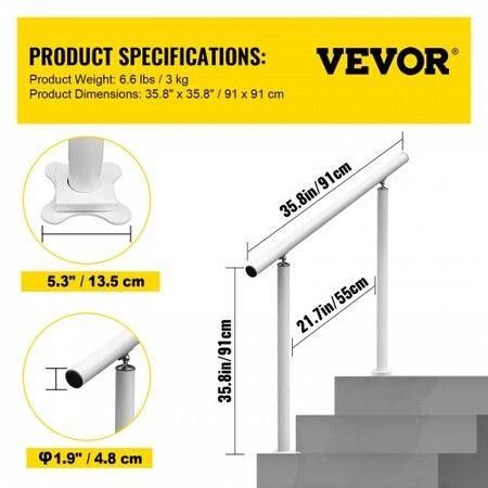Handrail Outdoor Stairs 3ft 34 Inch Outdoor Handrail Outdoor Stair Railing Adjustable from 0 to 60 Degrees Handrail for Stairs Outdoor White