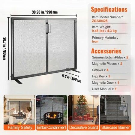 Fireplace Screen 1 Panel with Door Sturdy Iron Mesh Fireplace Screen 990(L) x780(H)MM Spark Guard Cover Simple Installation Free Standing Fire Fence Grate