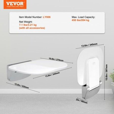 Urea-formaldehyde Folding Shower Seat 13.6''x12.8'' Unfolded Wall Mounted Fold Up Shower Bench with 450 lbs Load Capacity Space Saving Fold Down Chair