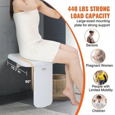 Folding ABS Shower Seat 15.7'' x 16.7'' Unfolded Wall Mounted Fold Up Shower Bench with 440 lbs Load Capacity Space Saving Fold Down Shower Chair