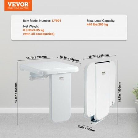 Folding ABS Shower Seat 15.7'' x 16.7'' Unfolded Wall Mounted Fold Up Shower Bench with 440 lbs Load Capacity Space Saving Fold Down Shower Chair