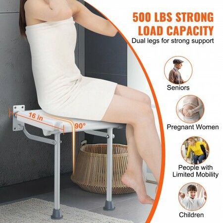 Folding PE Shower Seat 15.7'' x 14.8'' Unfolded Wall Mounted Fold Up Shower Bench with 500 lbs Load Capacity Space Saving Fold Down Shower Chair