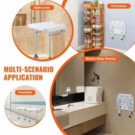 Folding PE Shower Seat 15.7'' x 14.8'' Unfolded Wall Mounted Fold Up Shower Bench with 500 lbs Load Capacity Space Saving Fold Down Shower Chair
