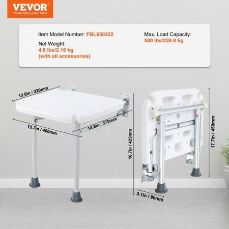 Folding PE Shower Seat 15.7'' x 14.8'' Unfolded Wall Mounted Fold Up Shower Bench with 500 lbs Load Capacity Space Saving Fold Down Shower Chair