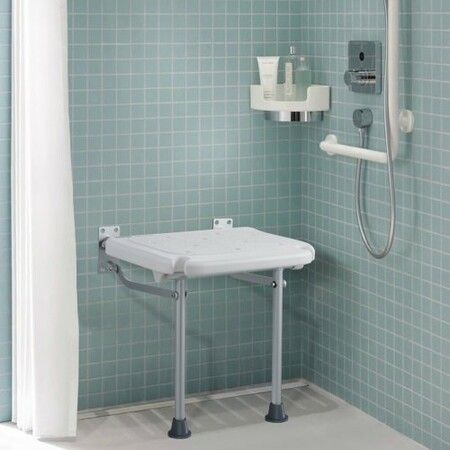 Folding PE Shower Seat 15.7'' x 14.8'' Unfolded Wall Mounted Fold Up Shower Bench with 500 lbs Load Capacity Space Saving Fold Down Shower Chair