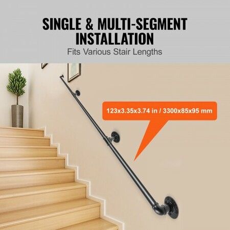 Pipe Stair Handrail 11FT Staircase Handrail 440LBS Load Capacity Carbon Steel Pipe Handrail Industrial Pipe Handrail with Wall Mount Support Round