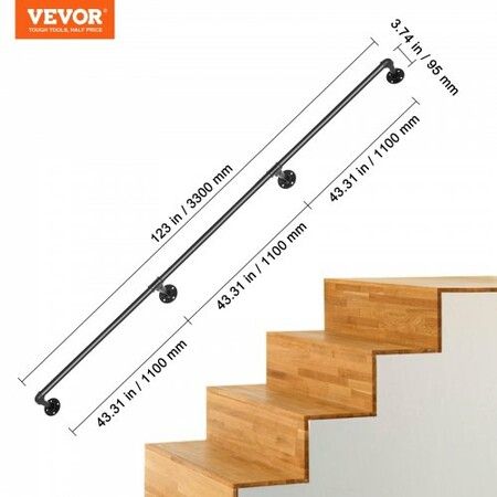 Pipe Stair Handrail 11FT Staircase Handrail 440LBS Load Capacity Carbon Steel Pipe Handrail Industrial Pipe Handrail with Wall Mount Support Round