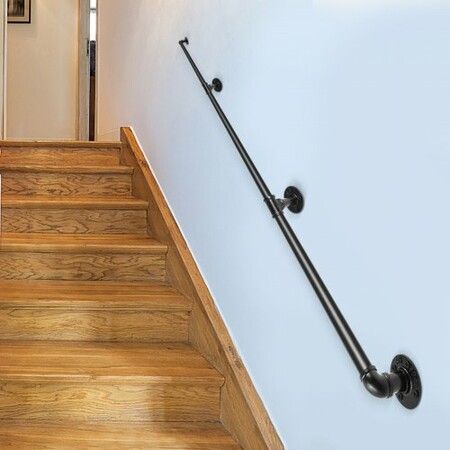 Pipe Stair Handrail 11FT Staircase Handrail 440LBS Load Capacity Carbon Steel Pipe Handrail Industrial Pipe Handrail with Wall Mount Support Round