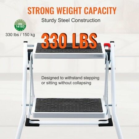 Step Ladder 2-Step 150kg Capacity Ergonomic Folding Steel Step Stool with Wide Anti-Slip Pedal Sturdy Step Stool for Adults Toddlers Multi-Use