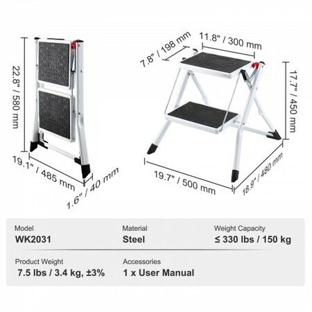 Step Ladder 2-Step 150kg Capacity Ergonomic Folding Steel Step Stool with Wide Anti-Slip Pedal Sturdy Step Stool for Adults Toddlers Multi-Use