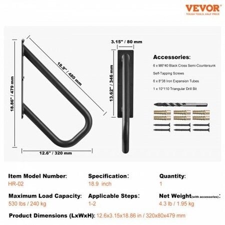 Handrails for Outdoor Steps 18.9"Wall Mount Safety Railings for 1-2 Steps