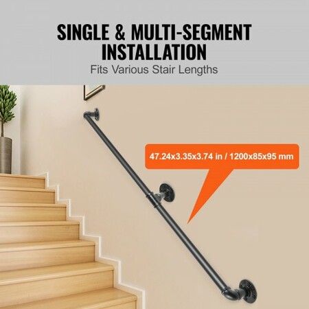 Pipe Stair Handrail Staircase Handrail 4 FT Carbon Steel for Wall Mount