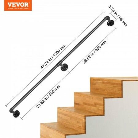 Pipe Stair Handrail Staircase Handrail 4 FT Carbon Steel for Wall Mount