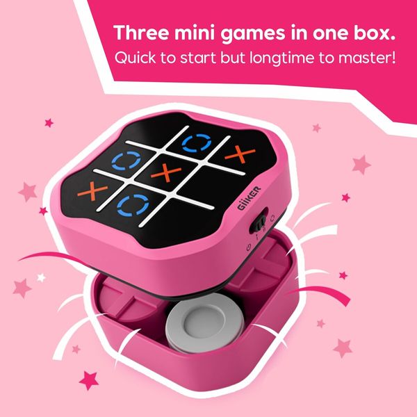 Tic Tac Toe Bolt Game,Original 3-in-1 Handheld Puzzle Game Console,Portable Travel Games for Car Ride,Board Games,Birthday Gifts for Ages 3+ (Pink)