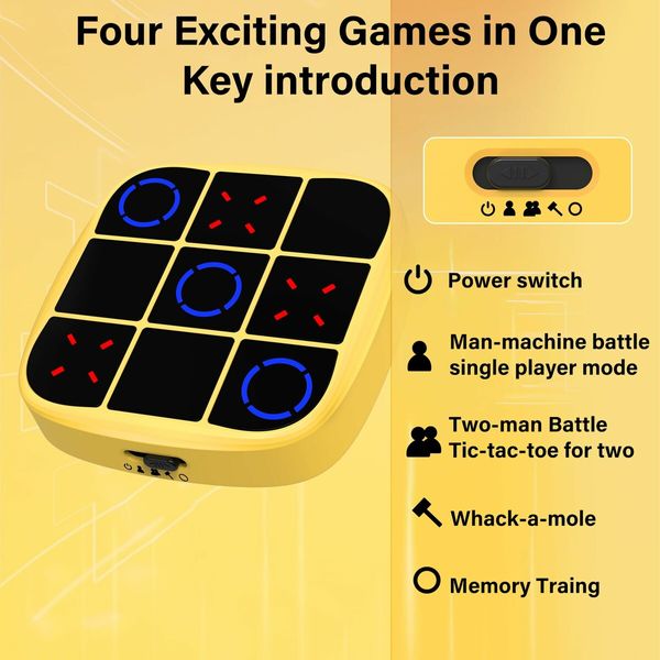 Tic Tac Toe Bolt Game,4-in-1 Handheld Puzzle Game Console,Electronic Tic Tac Toe Game,Portable Travel Games for Car Ride,Board Games (Yellow)