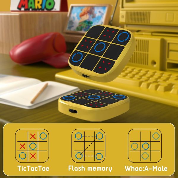 Tic Tac Toe Bolt Game,4-in-1 Handheld Puzzle Game Console,Electronic Tic Tac Toe Game,Portable Travel Games for Car Ride,Board Games (Yellow)