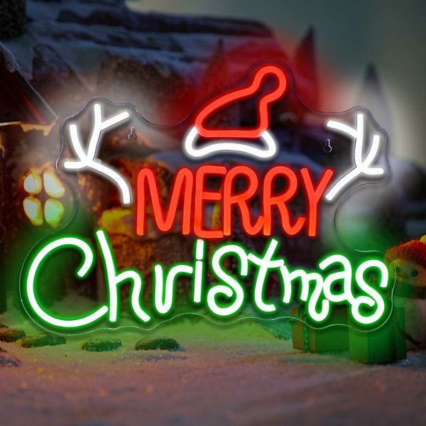 Merry Christmas Neon Sign for Bedroom Wall Decor, LED Light Christmas Signs Indoor Decor, Acrylic Board Neon Signs for Wall Decor