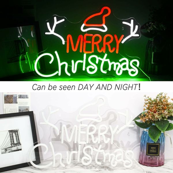 Merry Christmas Neon Sign for Bedroom Wall Decor, LED Light Christmas Signs Indoor Decor, Acrylic Board Neon Signs for Wall Decor