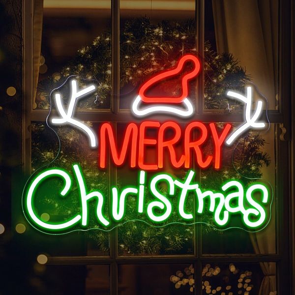 Merry Christmas Neon Sign for Bedroom Wall Decor, LED Light Christmas Signs Indoor Decor, Acrylic Board Neon Signs for Wall Decor